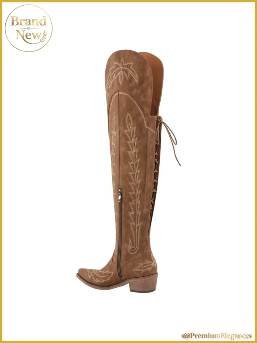 Faux Leather Thigh High Cowboy Boots Chunky Heel Embroidered Western Style